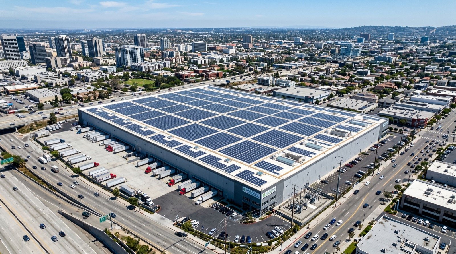 Commercial rooftop covered with solar panels